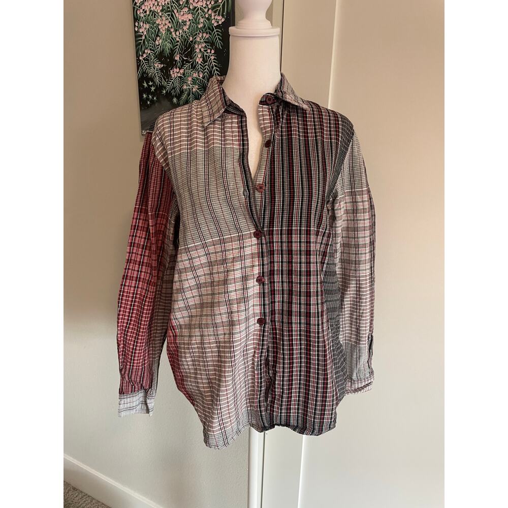 Patchwork Plaid Button Up Long Sleeve Top - image 3